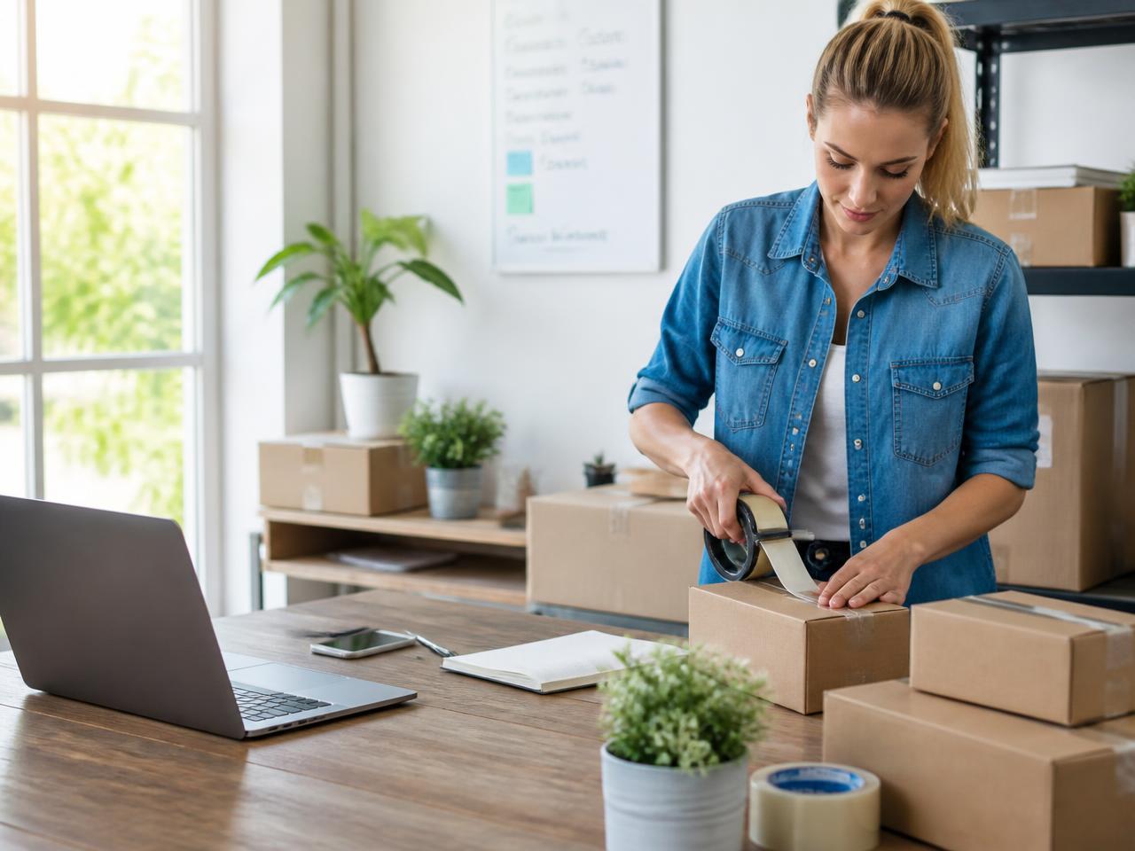 Werkplek van een webshop met verzenddozen en laptop